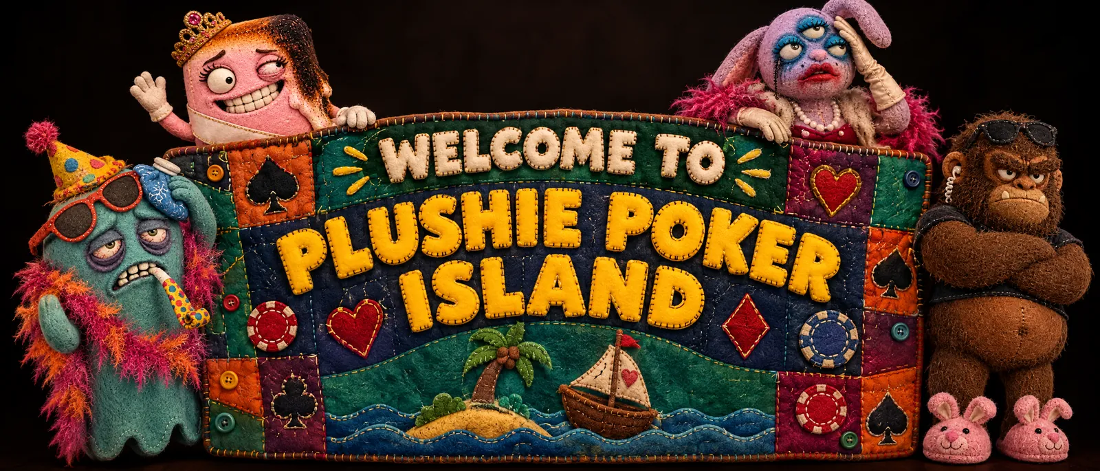 A stitched quilt banner: Welcome to Plushie Poker Island, with Boo, Mallow, Duchess and Bruno peeking over it