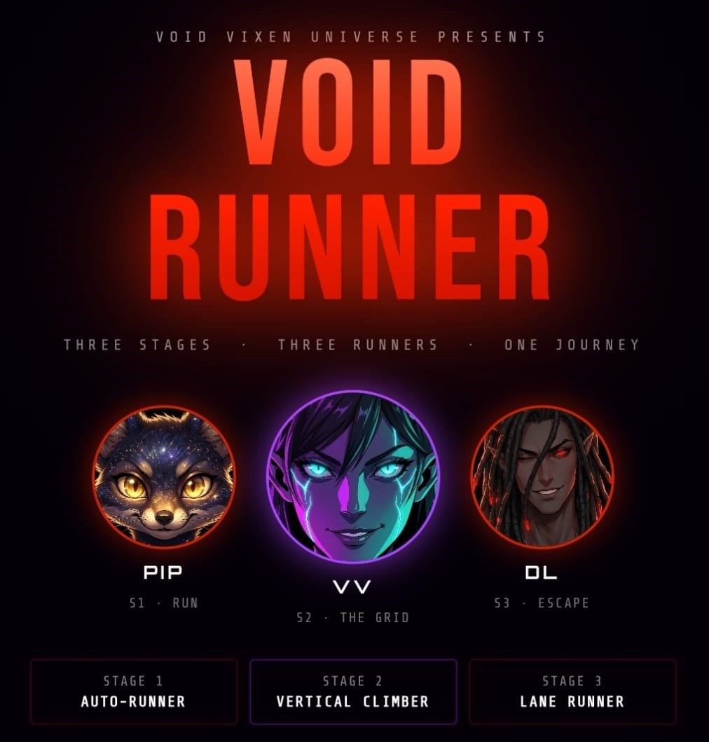 Void Runner title screen with Pip, VV and DL